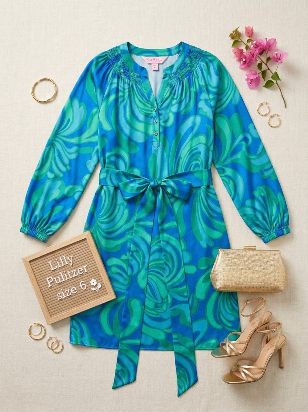 Lilly Pulitzer Blue & Green Swirl Tie-Waist Long Sleeve Dress - Size 6